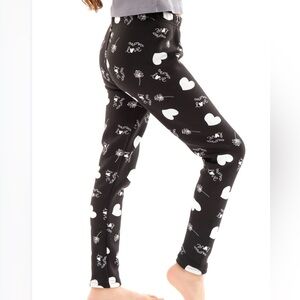 NWT Just Cozy Fleece Lined Black Leggings with White Heart Print Size M/L